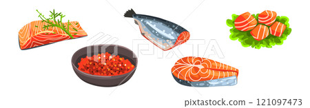 Salmon Fish Slab and Fillet with Red Flesh Vector Set 121097473