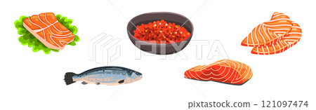 Salmon Fish Slab and Fillet with Red Flesh Vector Set 121097474