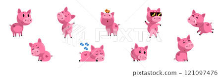 Funny Pink Pig Character Enjoy Different Activity Vector Set 121097476