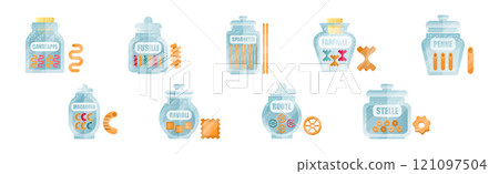 Pasta Types in Glass Jar with Closed Lid Vector Set 121097504
