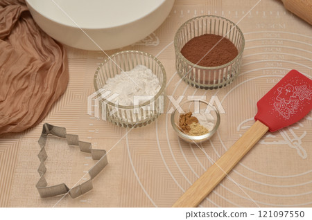 Christmas homemade baking, ingredients for baking gingerbread on the table 121097550