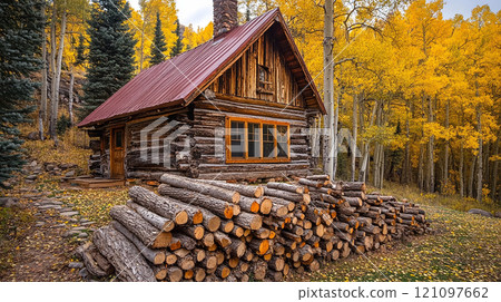 Cottage and firewood in the forest 121097662