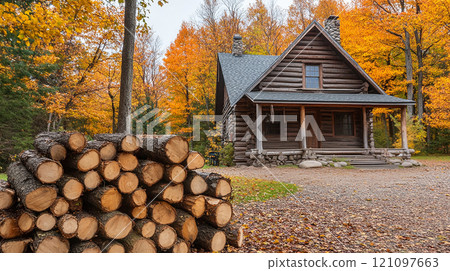 Cottage and firewood in the forest 121097663