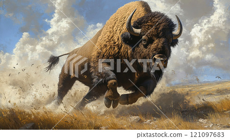 A powerful bison galloping across the plains 121097683