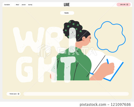 Writing people, modern flat vector concept illustration- sitting woman thoughtfully writing on notebook, bubble near head Metaphor for reflection, personal insight, contemplation, creative expression 121097686