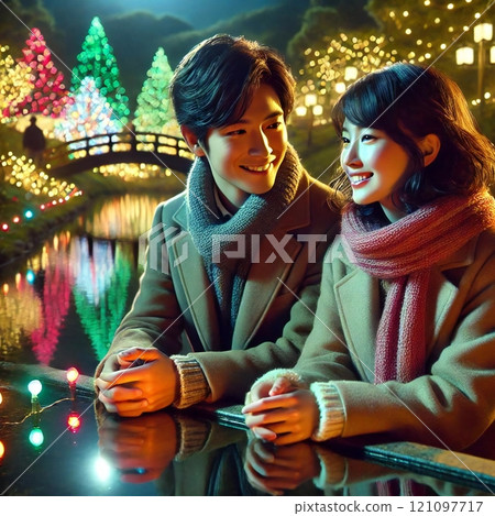 I used a generator to draw a couple watching the reflection of Christmas lights on the lakeside in a park. I used a generator to draw a couple watching the reflection of Christmas lights on the lakeside in a park. 121097717