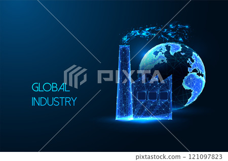 Global industry futuristic concept with glowing low poly style factory and earth on dark background 121097823