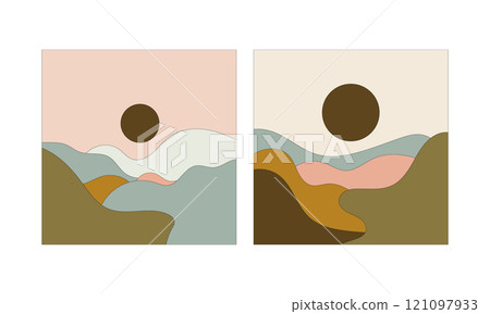Vector illustration. Abstract landscape art with soft wavy lines and symbolic sun in eclipse phase. 121097933