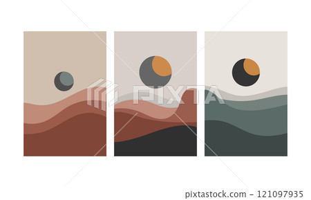 Vector illustration. Mountain landscape with cozy sun eclipse, warm and cold tones intersecting. 121097935