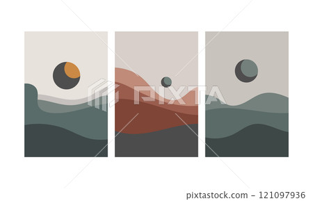 Vector illustration. Abstract landscape art with soft wavy lines and symbolic sun in eclipse phase. 121097936