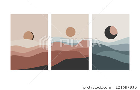 Vector illustration. Abstract landscape art with soft wavy lines and symbolic sun in eclipse phase. Vector illustration. Abstract landscape art with soft wavy lines and symbolic sun in eclipse phase. 121097939