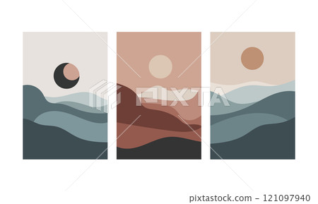 Vector illustration. Cool shades of a mountain landscape during a solar eclipse, where the eclipsed sun creates a contrasting effect. Vector illustration. Cool shades of a mountain landscape during a solar eclipse, where the eclipsed sun creates a contrasting effect. 121097940