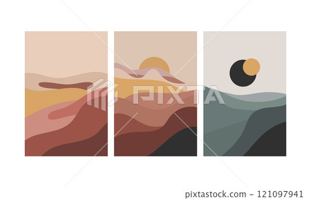 An abstract landscape with a rich red-orange hue that smoothly transitions into blue and green colors. The solar eclipse is located high above the horizon An abstract landscape with a rich red-orange hue that smoothly transitions into blue and green colors. The solar eclipse is located high above the horizon 121097941