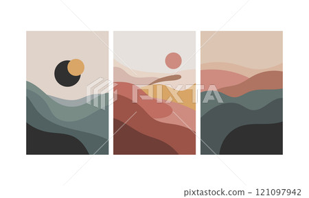 Vector illustration. Abstract landscape art with soft wavy lines and symbolic sun in eclipse phase. Vector illustration. Abstract landscape art with soft wavy lines and symbolic sun in eclipse phase. 121097942