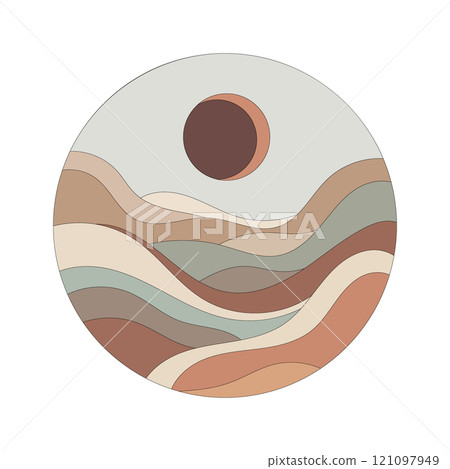 Warm colors of mountain ranges crossing each other during a solar eclipse. The sun hides behind the horizon, forming soft reflections of light. 121097949