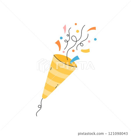 Birthday party popper isolated vector illustration. Cute colorful confetti cracker. Surprise popper for festive Bday, New Year, other celebration designs. Festive flat hand drawn object Birthday party popper isolated vector illustration. Cute colorful confetti cracker. Surprise popper for festive Bday, New Year, other celebration designs. Festive flat hand drawn object 121098043