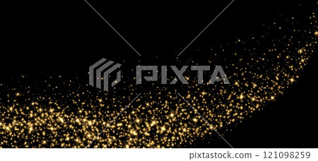 Golden stars and sparkles, magic star dust background, light effect with flares. 121098259