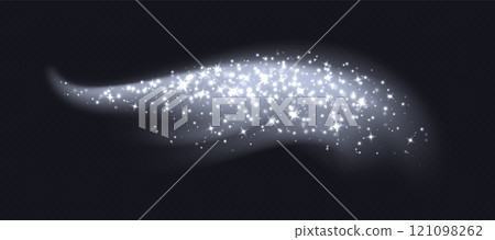 Silver magic cloud with sparkles, stardust sparkling background. Glowing glitter smoke trail. 121098262
