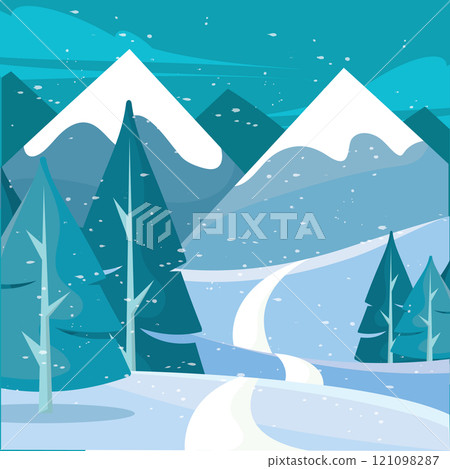 Snowy mountains and winding road through pine forest Vector 121098287