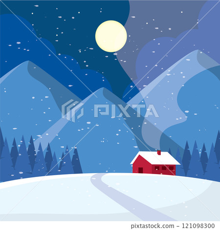 Winter cabin under a full moon in snowy mountains Vector 121098300