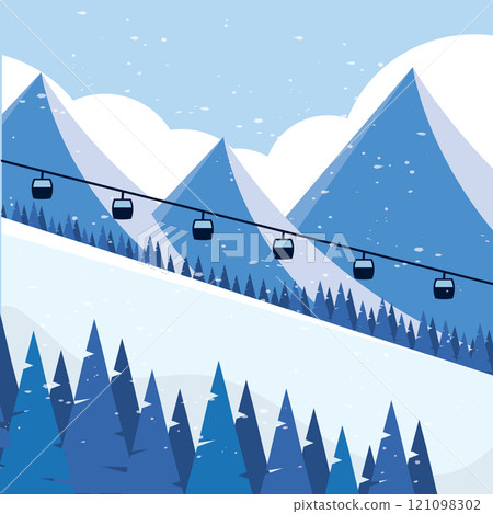 Snowy mountain slopes with cable cars and pine trees Vector Snowy mountain slopes with cable cars and pine trees Vector 121098302