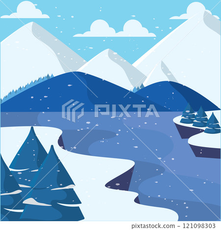 Winter mountains and snowy river with pine trees Vector Winter mountains and snowy river with pine trees Vector 121098303