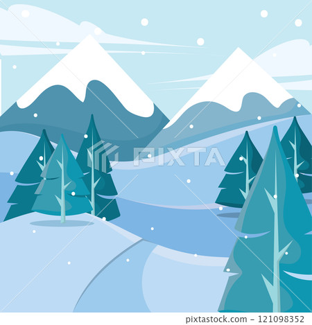 Mountain scenery with snow and evergreen trees Vector 121098352