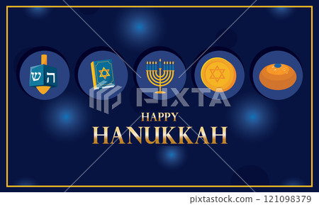 Hanukkah symbols with dreidel, menorah, and coins Vector 121098379