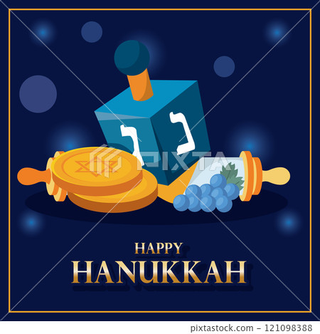 Hanukkah dreidel, coins, grapes, and scroll Vector Hanukkah dreidel, coins, grapes, and scroll Vector 121098388