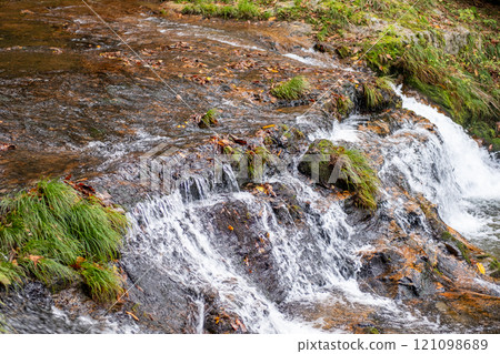 Ginzan onsen, Yamagata, Japan, Flowing water over rocks and mossy terrain. Ginzan onsen, Yamagata, Japan, Flowing water over rocks and mossy terrain. 121098689