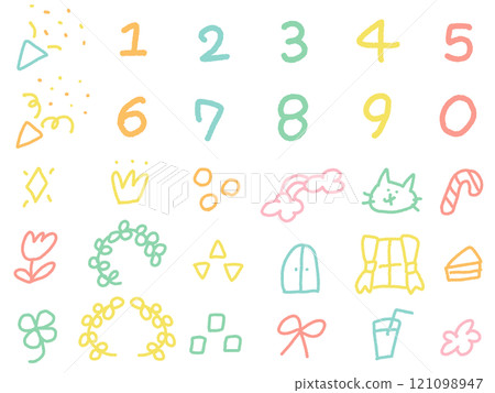 手繪數字、桂冠、餅乾、花朵和王冠的少女圖示集 121098947