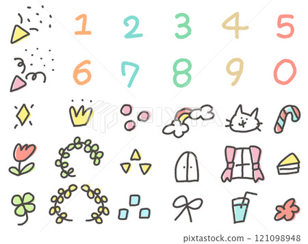 A girly icon set of hand-drawn numbers, laurels, crackers, flowers and crowns 121098948