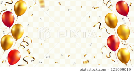 紅色和金色氣球和五彩紙屑背景 紅色和金色氣球和五彩紙屑背景 121099019