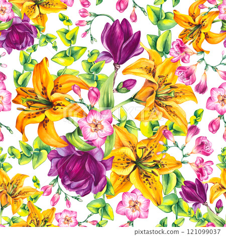 Floral illustration with freesia magnolia and lily Floral illustration with freesia magnolia and lily 121099037