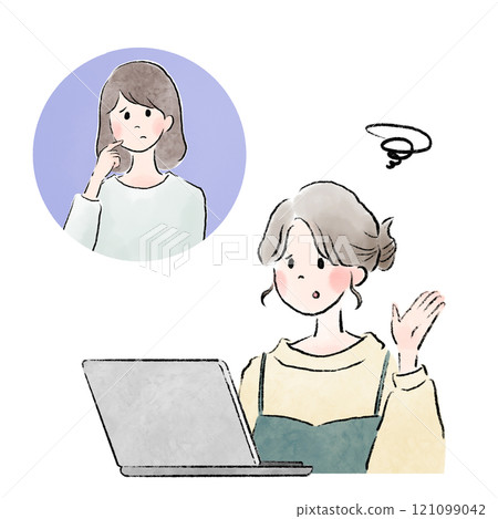 兩名婦女在網路上聊天、表情困惑的插圖 兩名婦女在網路上聊天、表情困惑的插圖 121099042