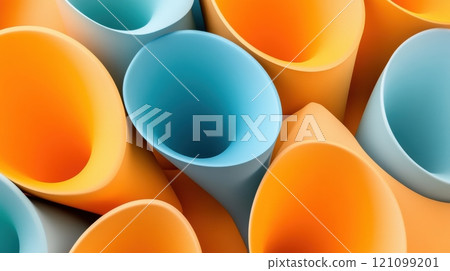 Colorful abstract background featuring overlapping orange and blue curved shapes, AI 121099201