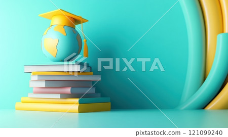 Graduation cap on globe atop books symbolizes global education and learning, AI Graduation cap on globe atop books symbolizes global education and learning, AI 121099240