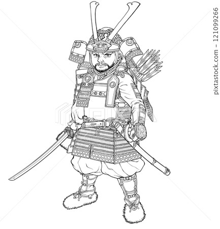 鎌倉武士手持劍面向前方的線畫 121099266