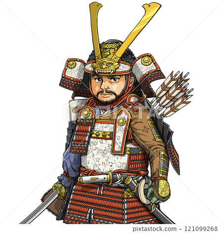鎌倉武士穿著大型盔甲，面朝前方 121099268