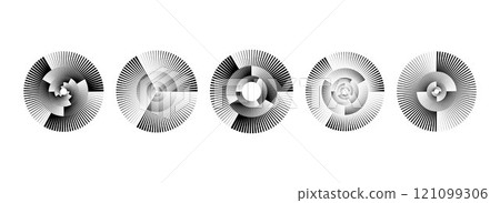 Black radial spiral pattern set. Circular rotating speed line form collection. Spinning circle sound wave bundle. Abstract music waveform element pack for icon, badge, logo, tag, label, record. Vector 121099306