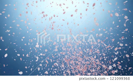 櫻花暴風雪，藍色背景上跳舞的櫻花花瓣的插圖 121099368