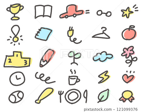 Hand-drawn cute medals, championship cups, stationery, stars, and tableware icon set 121099376