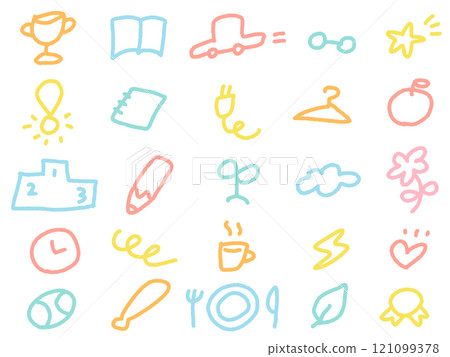 Hand-drawn cute medals, championship cups, stationery, stars, and tableware icon set 121099378