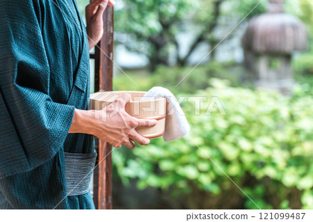 A man wearing a yukata staying at a hot spring, a hot spring inn, or a public bath A man wearing a yukata staying at a hot spring, a hot spring inn, or a public bath 121099487