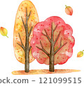 兩棵樹與秋葉的水彩插圖 121099515