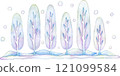 一排被雪覆蓋的冬季樹木的水彩插圖 121099584