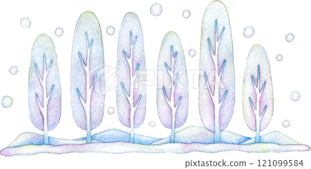 Watercolor illustration of a row of trees covered in snow in winter Watercolor illustration of a row of trees covered in snow in winter 121099584