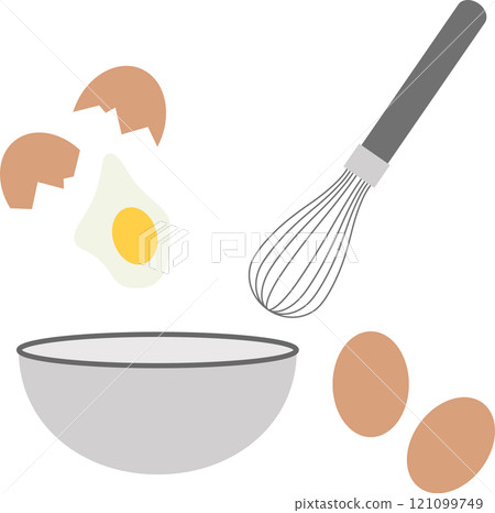 Illustration set of cracked eggs, bowl and whisk Illustration set of cracked eggs, bowl and whisk 121099749