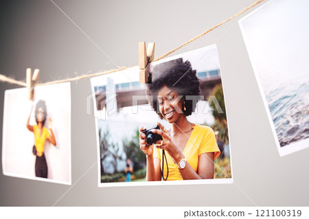 Printed colorful photos of women portraits against gray background Printed colorful photos of women portraits against gray background 121100319