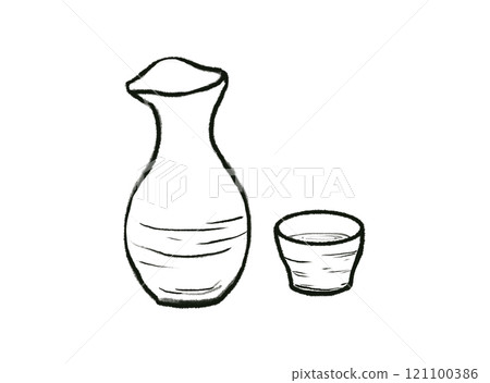 A simple line drawing illustration set of a tokkuri and a sake cup A simple line drawing illustration set of a tokkuri and a sake cup 121100386